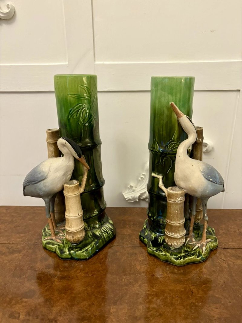 Unusual Pair of Antique Victorian Bretby Art Pottery Bamboo and Stork Vases